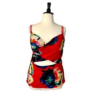 Lela Rose Women's Swim Tank Top Red Black Abstract Floral Size 42DDD
